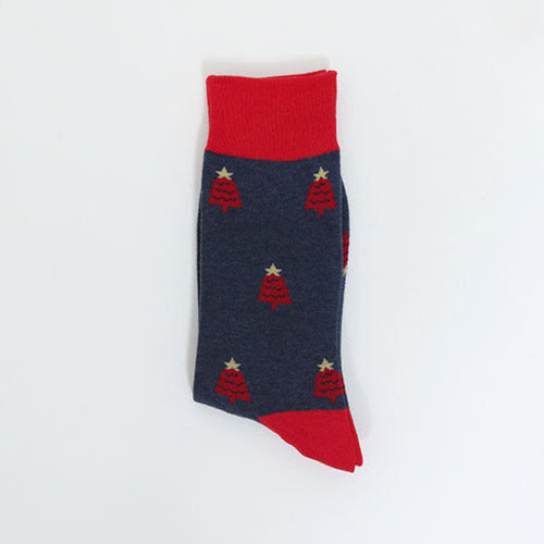 A single navy blue crew sock with a red cuff, red toe, and small red Christmas tree pattern with gold stars, shown on a plain white background.