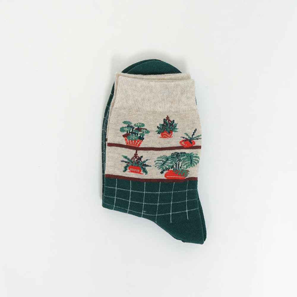 Women's Botanical Garden Knit Grid Pattern Daily Cotton Crew Socks