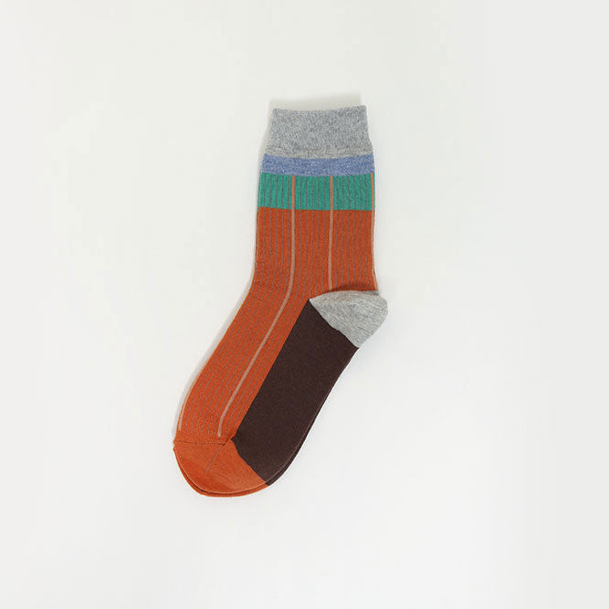 A single multicolor knit sock with horizontal stripes of gray, teal, orange, and dark brown, displayed on a clean white background.