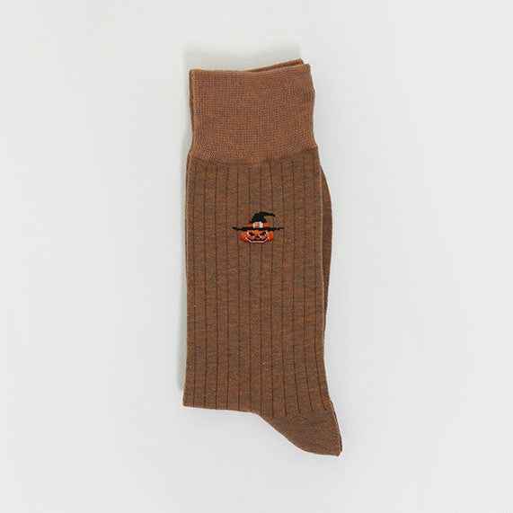 Men's Halloween Pumpkin Embroidered Ribbed Crew Socks