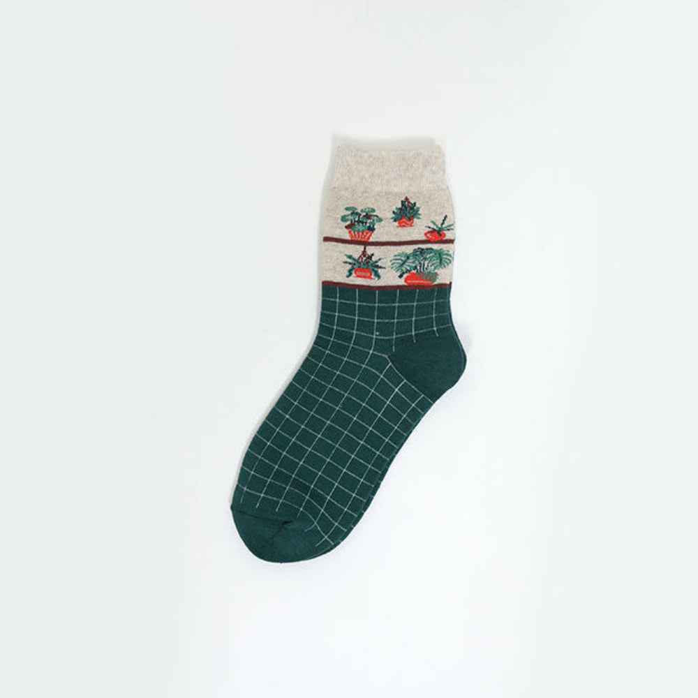 Women's Botanical Garden Knit Grid Pattern Daily Cotton Crew Socks