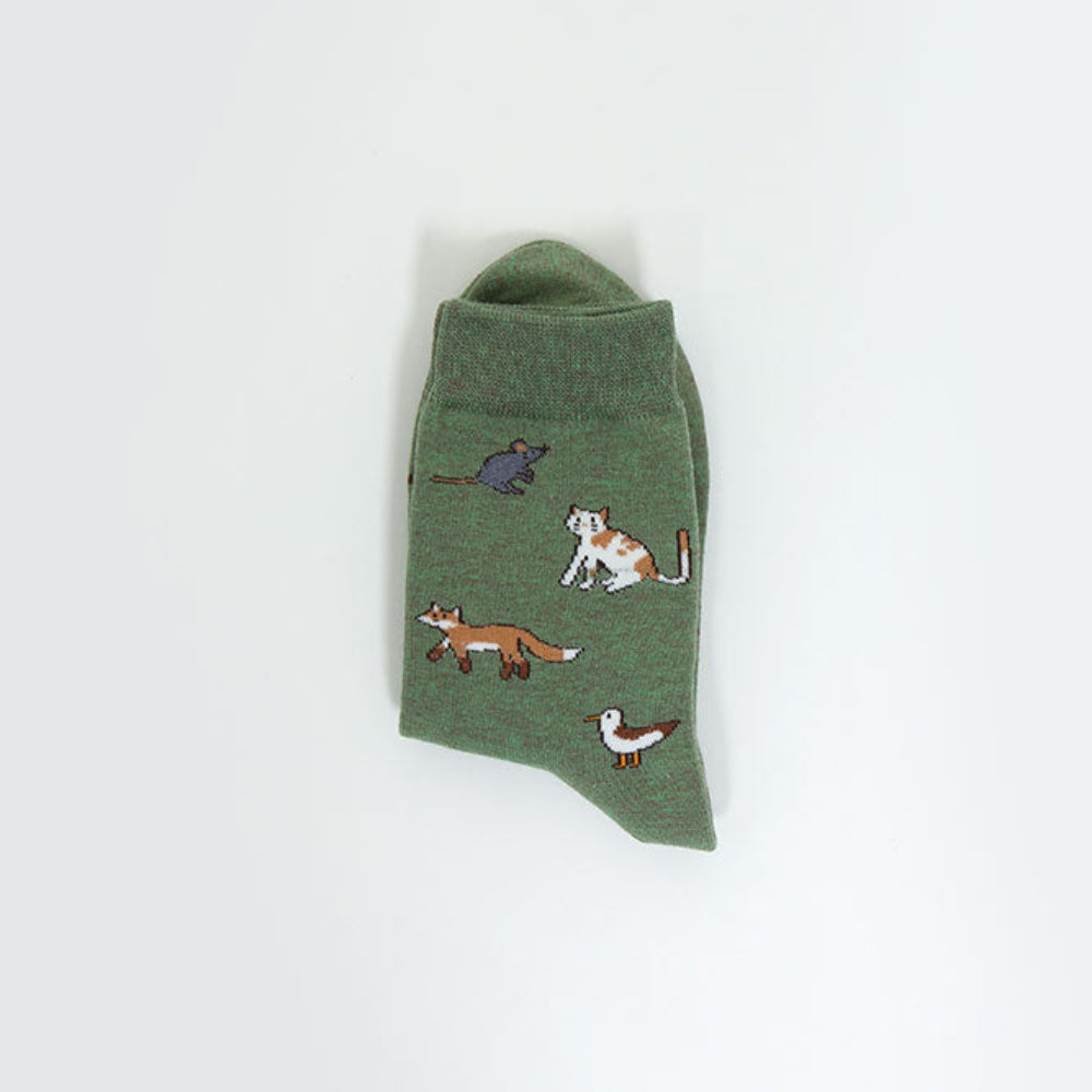 An olive green sock with embroidered woodland animals including a fox, mouse, duck, and cat, shown on a plain white background.
