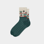 Women's Botanical Garden Knit Grid Pattern Daily Cotton Crew Socks