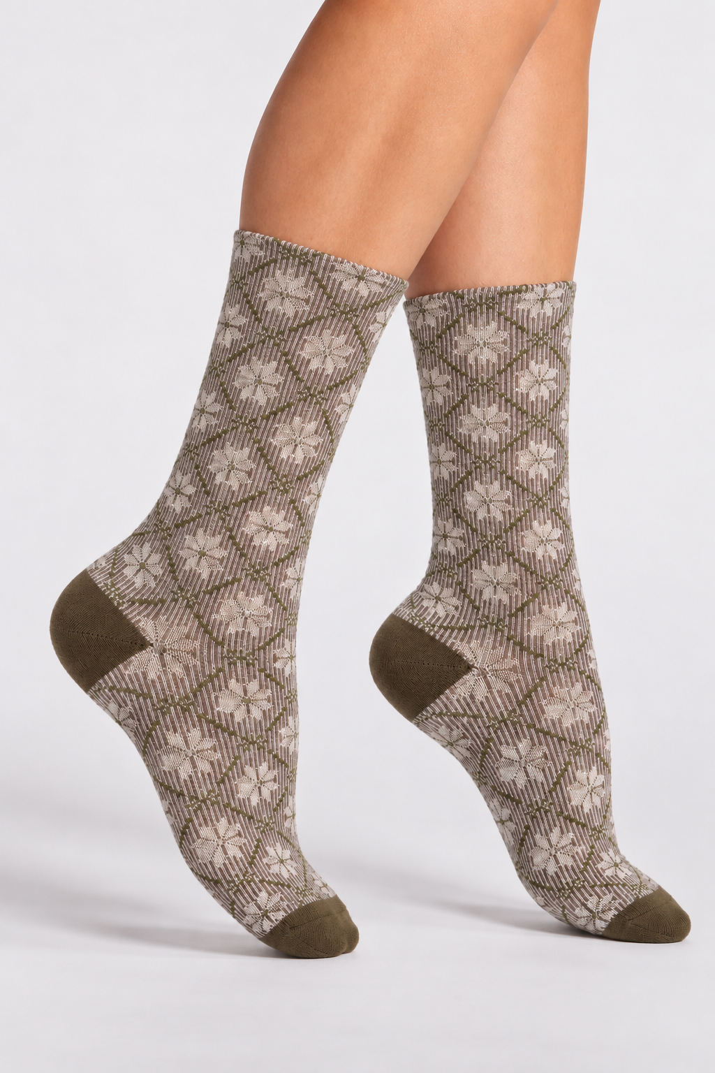 Women's Premium Combed Cotton Metallic Sparkle Crew Socks-A pair of crew socks with a brown and beige geometric diamond pattern and white floral motifs, shown on a model's feet against a light gray background.