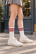 Women's Sporty Ribbed Crew Socks with Sole Cushioning White-Red