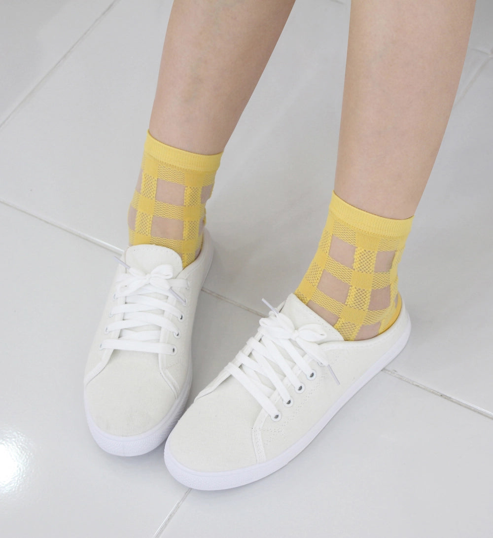 Women's Sheer Gingham Checkered Mesh Socks Yellow