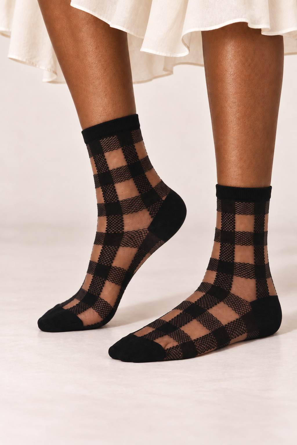 Women's Sheer Gingham Checkered Mesh Socks Black