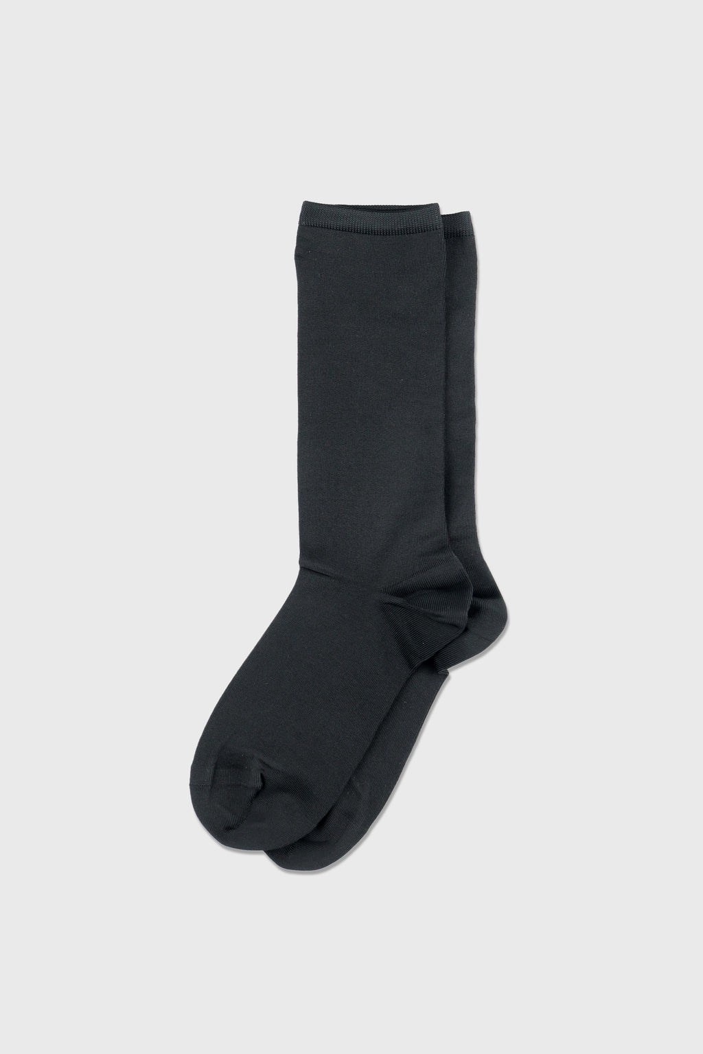 A pair of dark charcoal gray crew socks displayed flat against a light gray background.