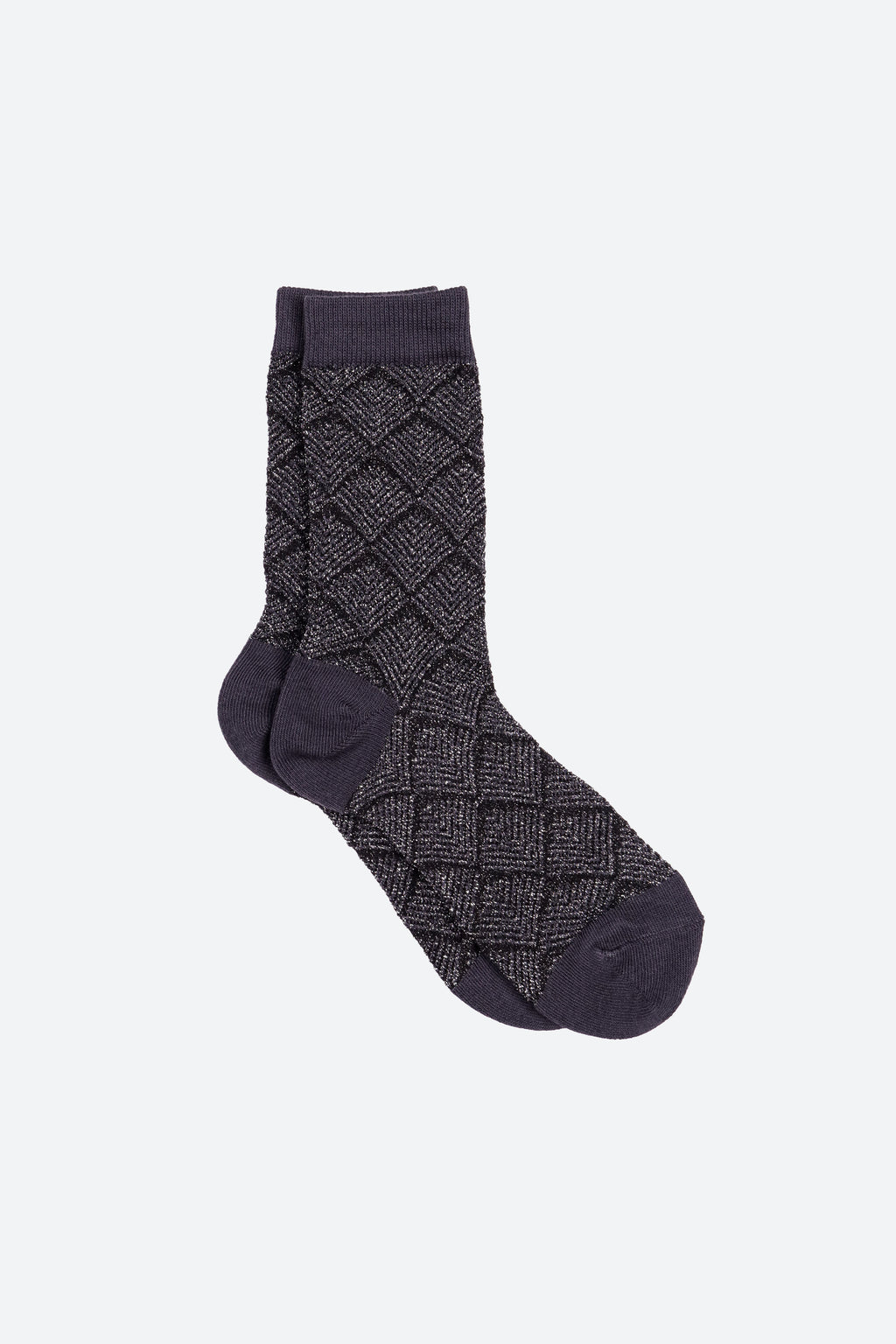 A single dark charcoal gray sock with a subtle tonal embroidered wolf head logo near the cuff, displayed on a light beige background.