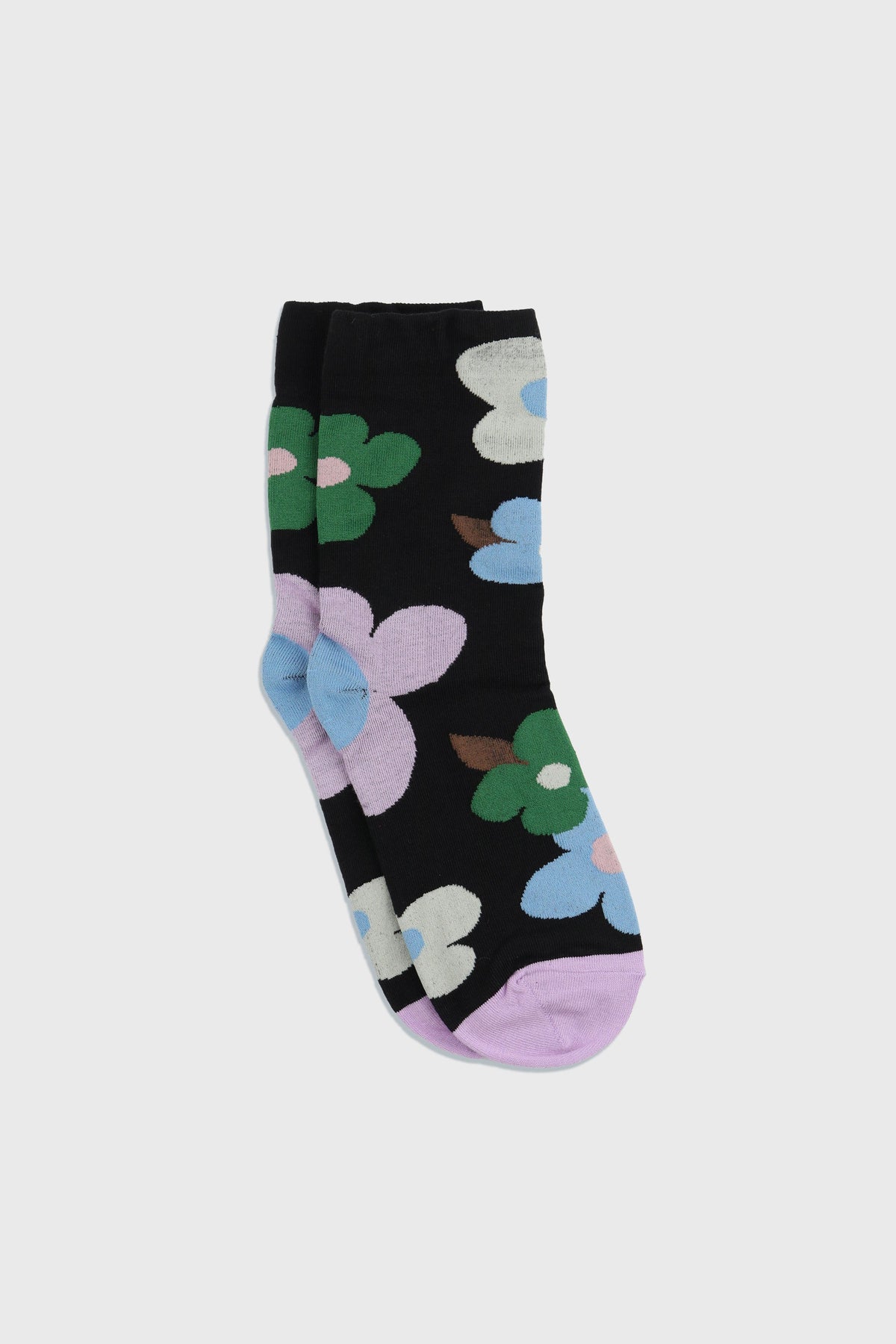 Women's Premium Combed Cotton Floral Crew Socks Black-Women's Premium Combed Cotton Floral Crew Socks Black