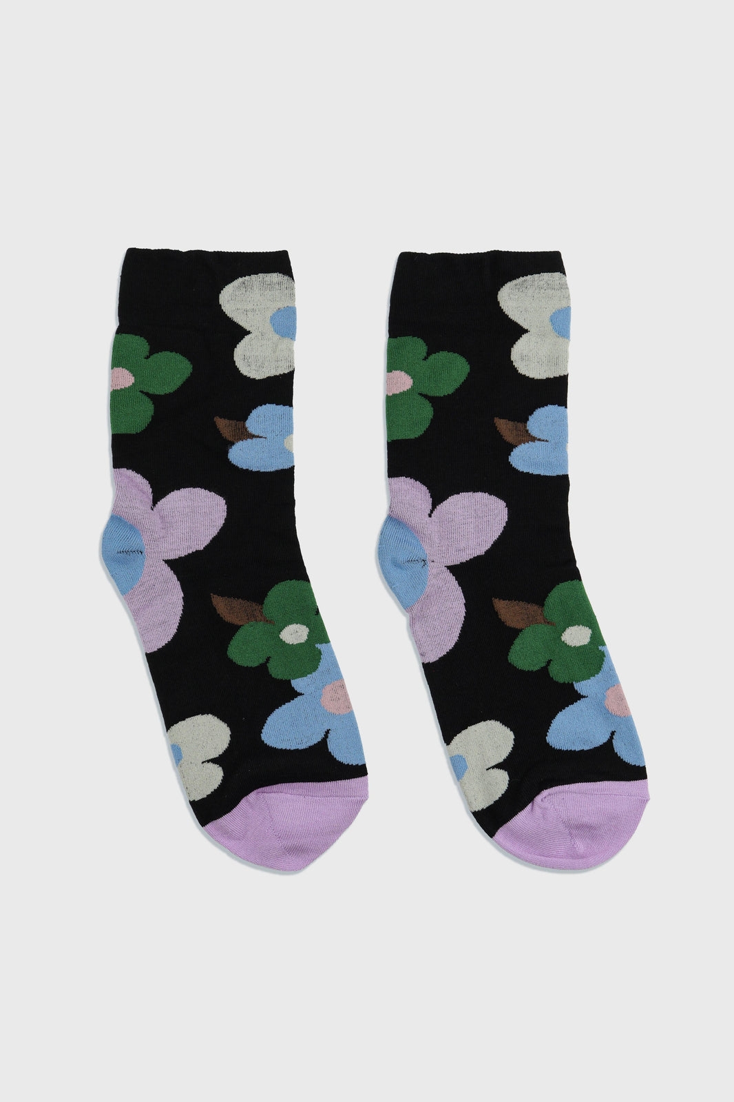 Women's Premium Combed Cotton Floral Crew Socks Black-Women's Premium Combed Cotton Floral Crew Socks Black