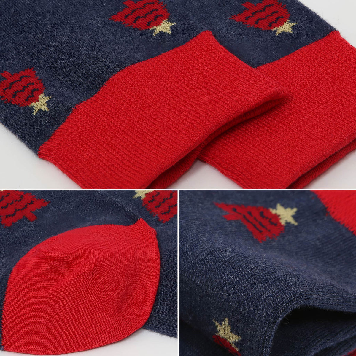 A close-up collage of a pair of navy blue and red knit socks with a festive pattern of red fireworks and small gold stars.