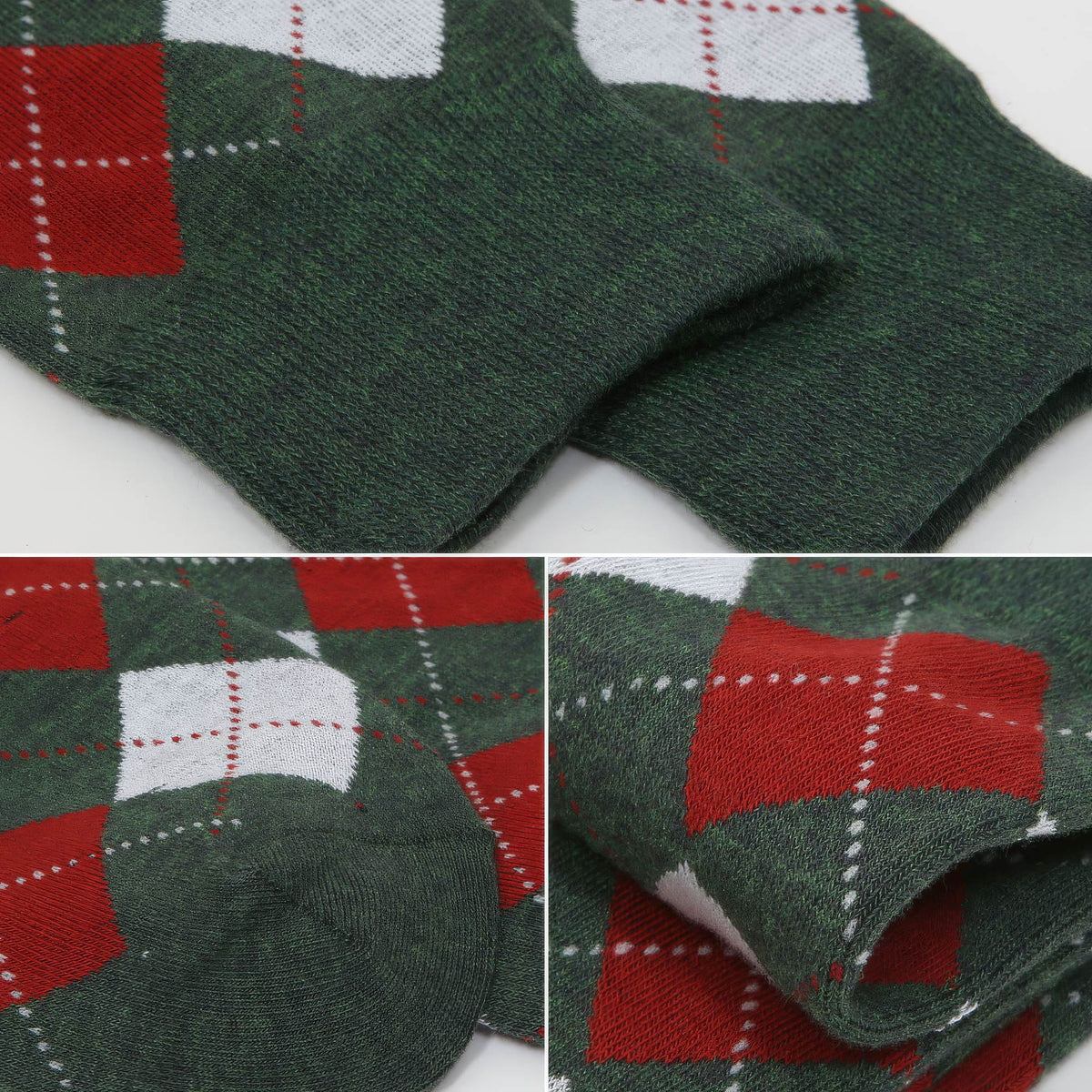 Three close-up views of a knit sock with a dark green base and argyle pattern in red and white, showing the cuff, sole, and folded fabric detail.