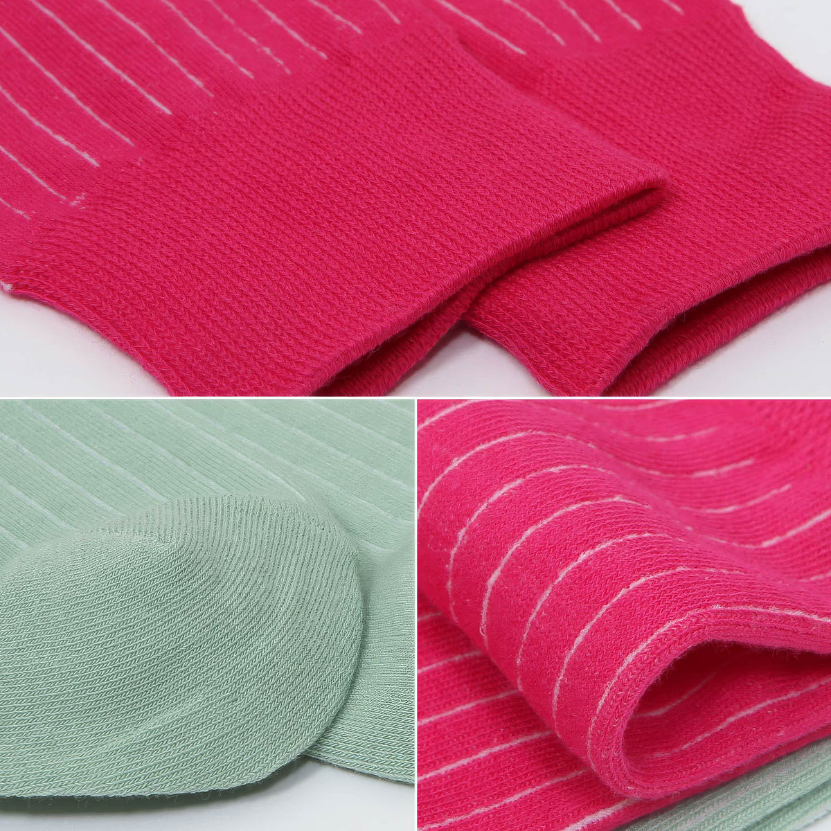 Three close-up views of knit socks or sock-like fabric pieces: a bright pink pair at the top, a mint green pair at the bottom left, and a pink pair with thin white pinstripes at the bottom right. The fabric fills most of the frame against a white background.