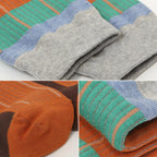 Three close-up views of a knit sock showing different colorways and details: a folded view with gray, light blue, and teal stripes, a close-up of an orange toe with brown and gray stripes, and a close-up of the teal and orange striped cuff.