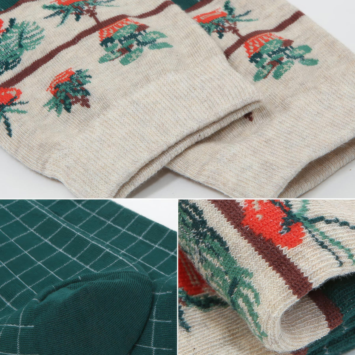 A folded knit textile product shown in a three-panel collage, featuring a cream base with a repeating holiday tree and ornament pattern in green, red, and brown, plus a close-up of a dark green grid section and a rolled view of the patterned knit.
