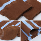 Three close-up views of a folded brown knit sock with light blue horizontal stripes on a white background.