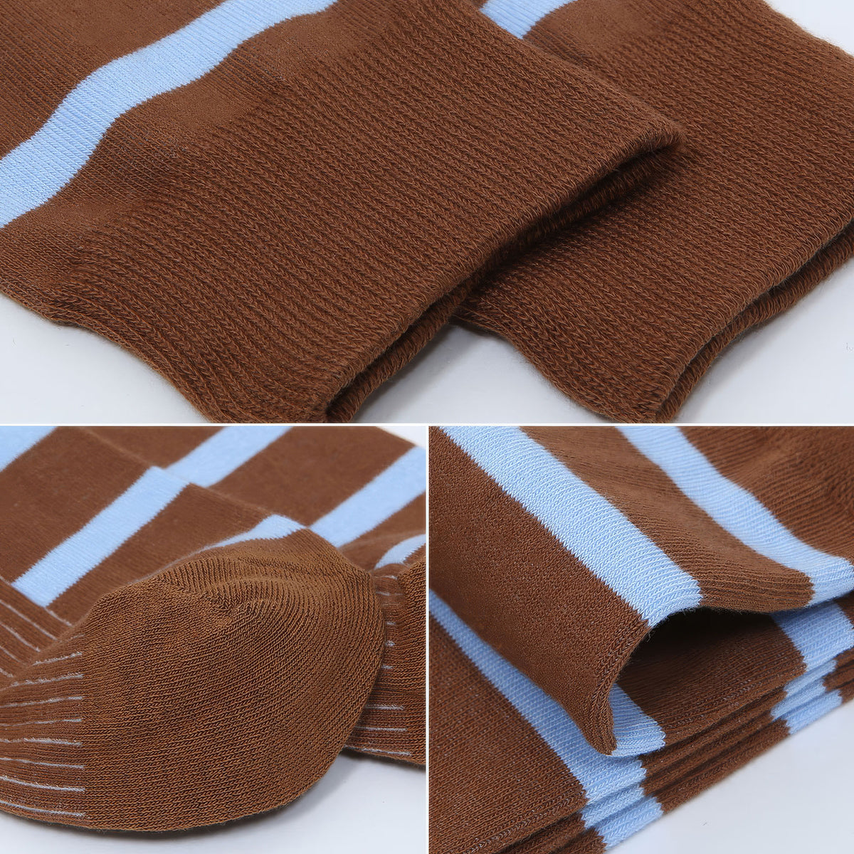 Three close-up views of a folded brown knit sock with light blue horizontal stripes on a white background.