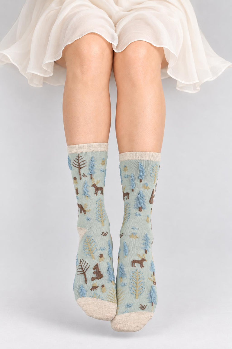 Women's Premium Combed Cotton Nature Theme Knitted Crew Socks Pale Blue