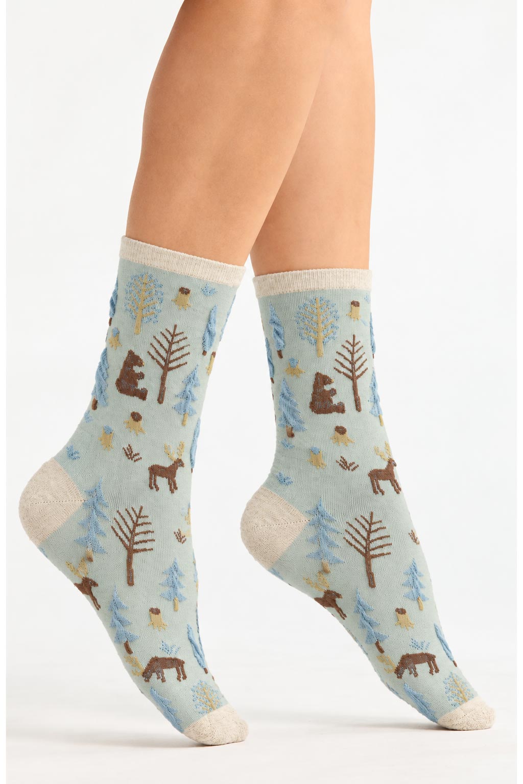 Women's Premium Combed Cotton Nature Theme Knitted Crew Socks Pale Blue-Women's Premium Combed Cotton Nature Theme Knitted Crew Socks Pale Blue