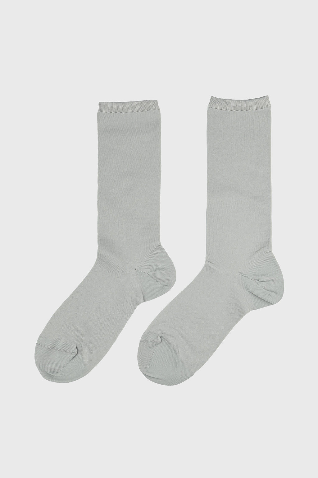 A pair of light gray crew socks displayed flat against a light gray background.