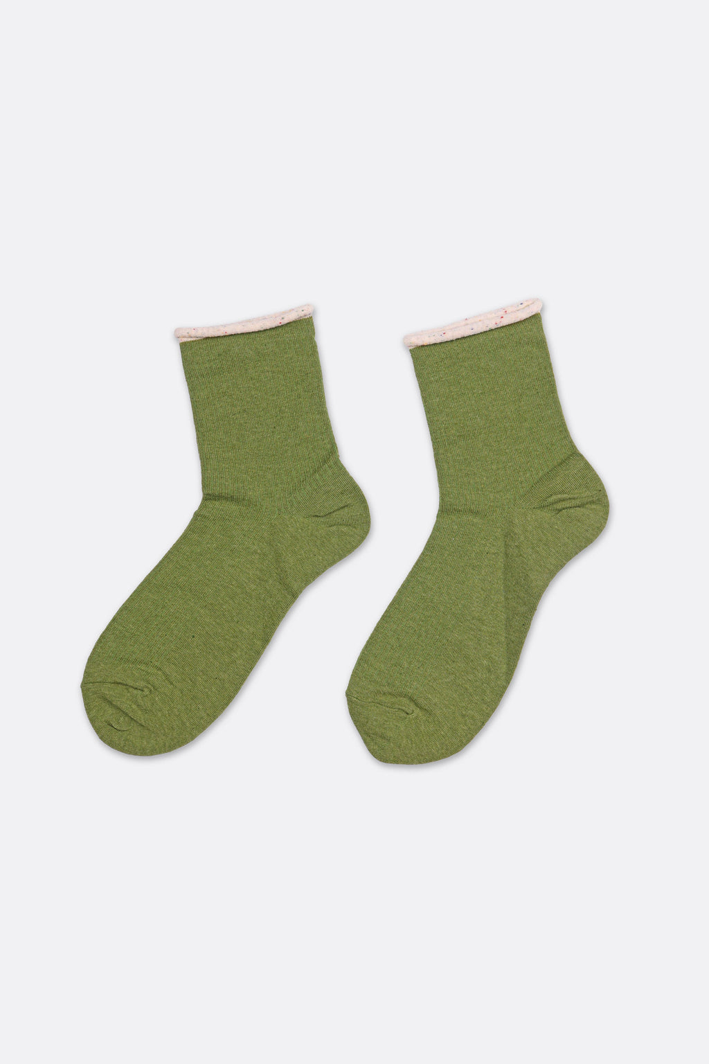 A pair of olive green crew socks with a light pink ribbed trim at the top, displayed flat against a light gray background.