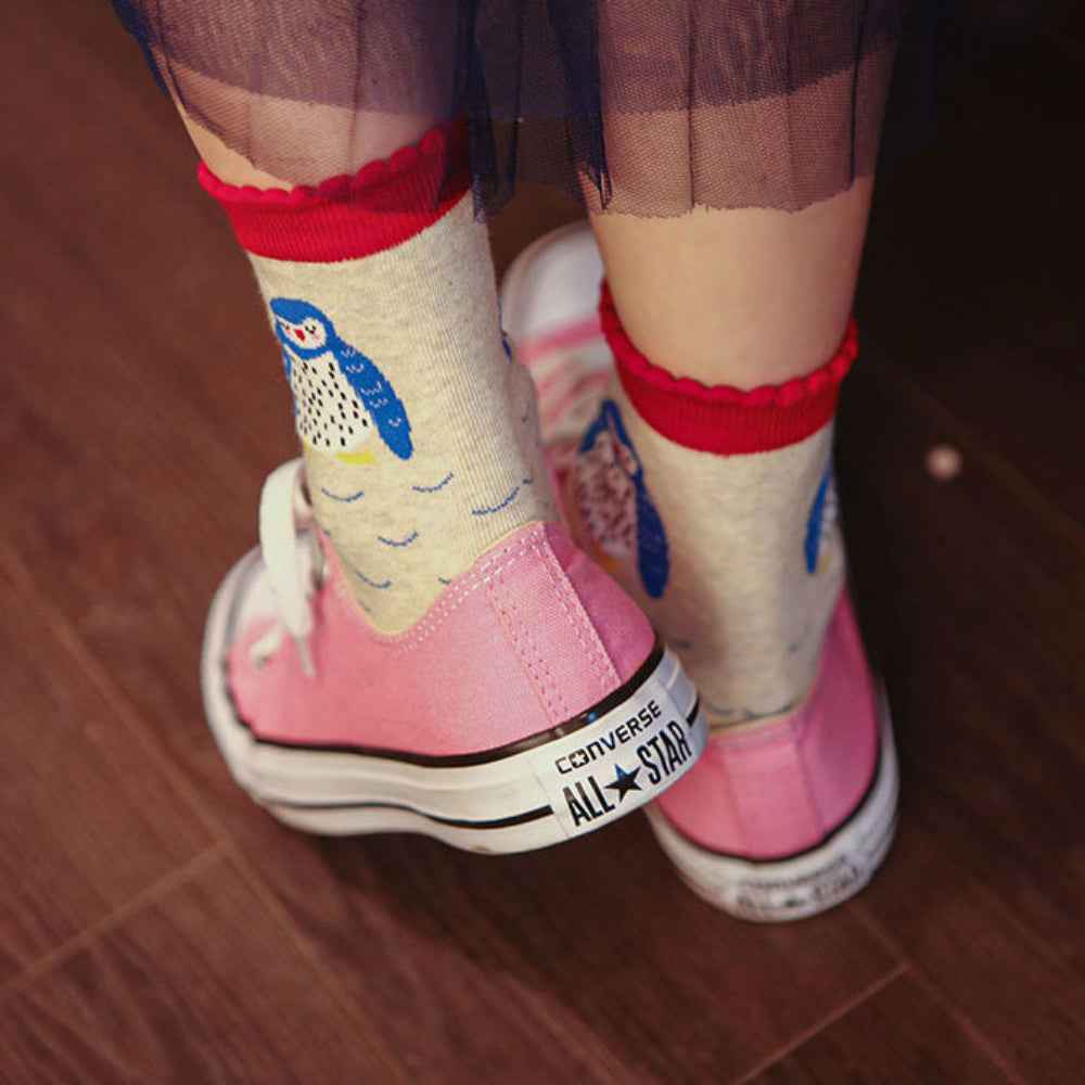 Women's Premium Knit Novelty Penguin Casual Socks with Ruffle Trim