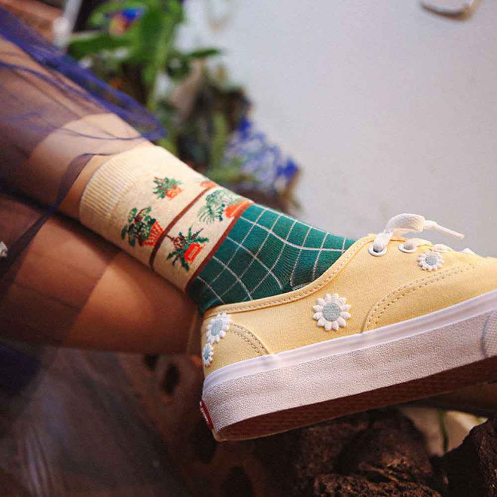 Women's Botanical Garden Knit Grid Pattern Daily Cotton Crew Socks