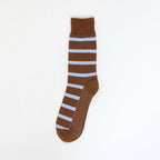 A single brown ribbed sock with horizontal light blue stripes, displayed against a plain white background.