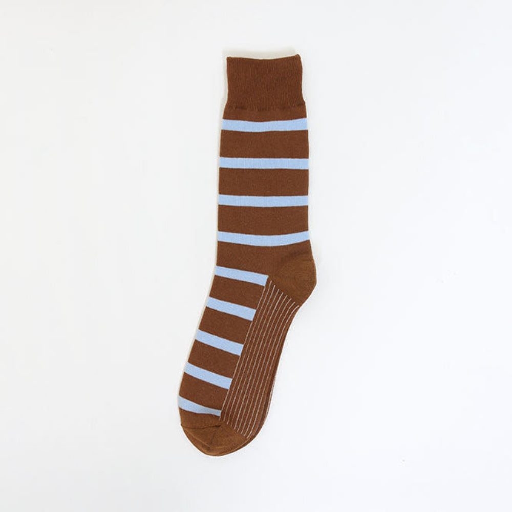 A single brown ribbed sock with horizontal light blue stripes, displayed against a plain white background.
