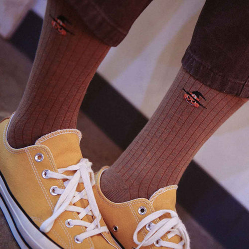 Men's Halloween Pumpkin Embroidered Ribbed Crew Socks
