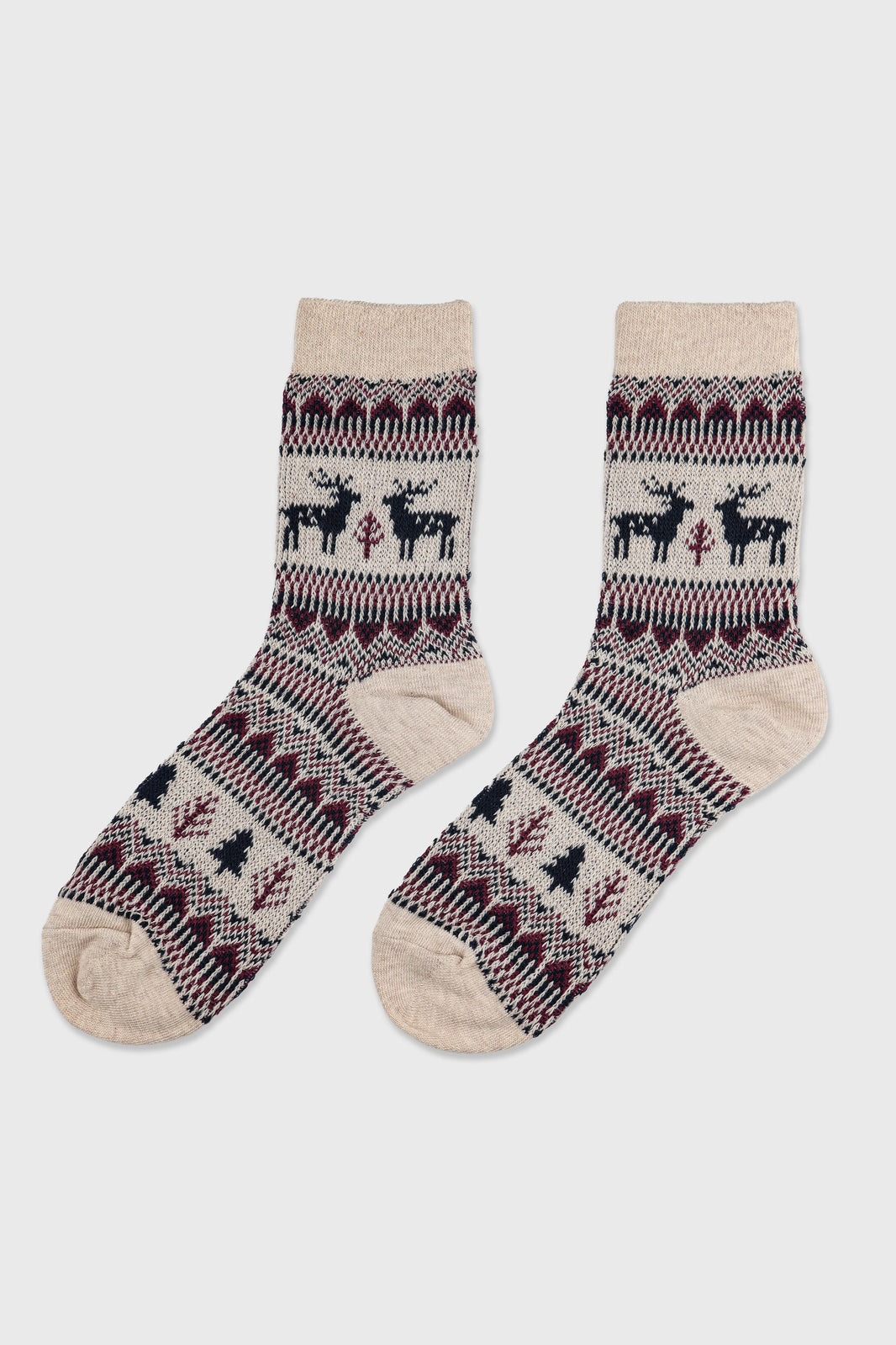 Women's Winter Holiday Fair Isle and Deer Knit Crew Socks Ivory-Women's Winter Holiday Fair Isle and Deer Knit Crew Socks Ivory