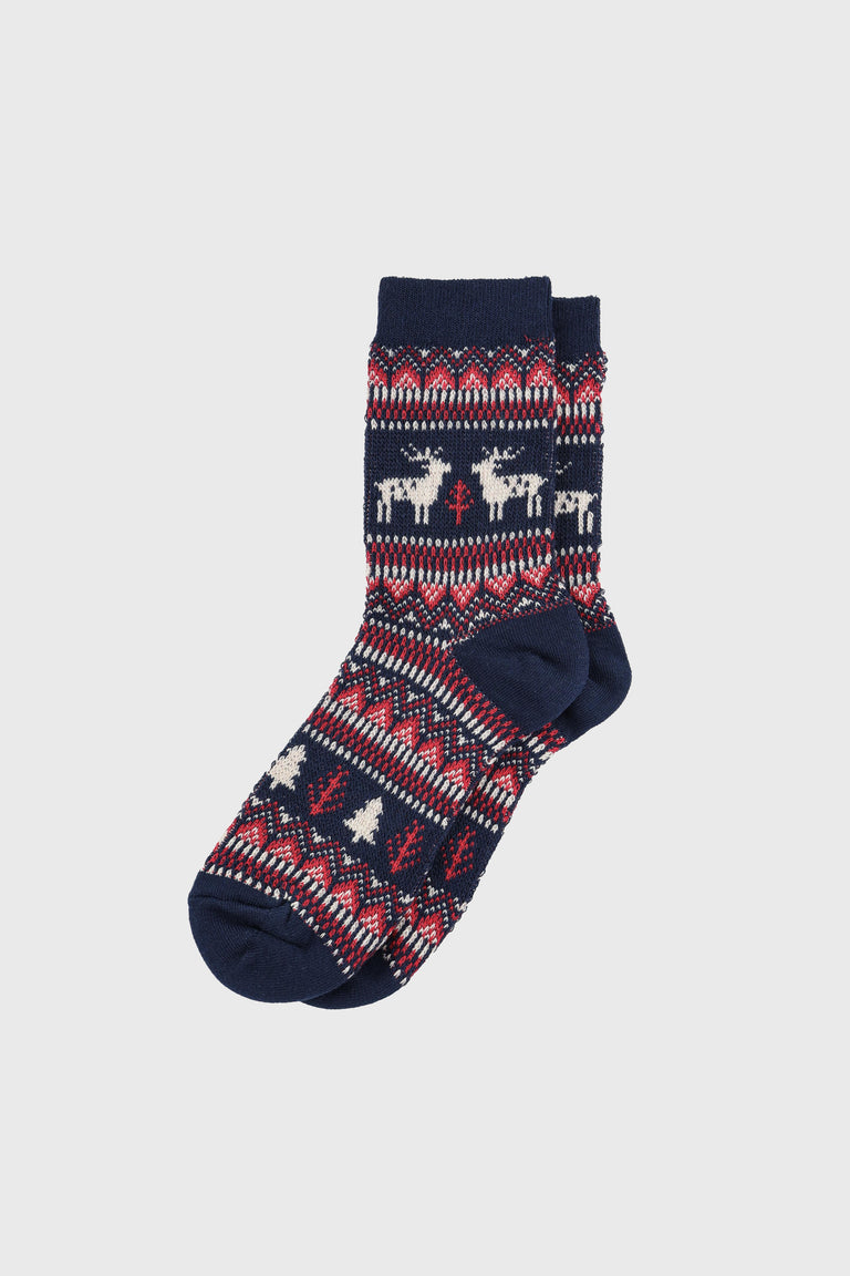 Women's Winter Holiday Fair Isle and Deer Knit Crew Socks Navy