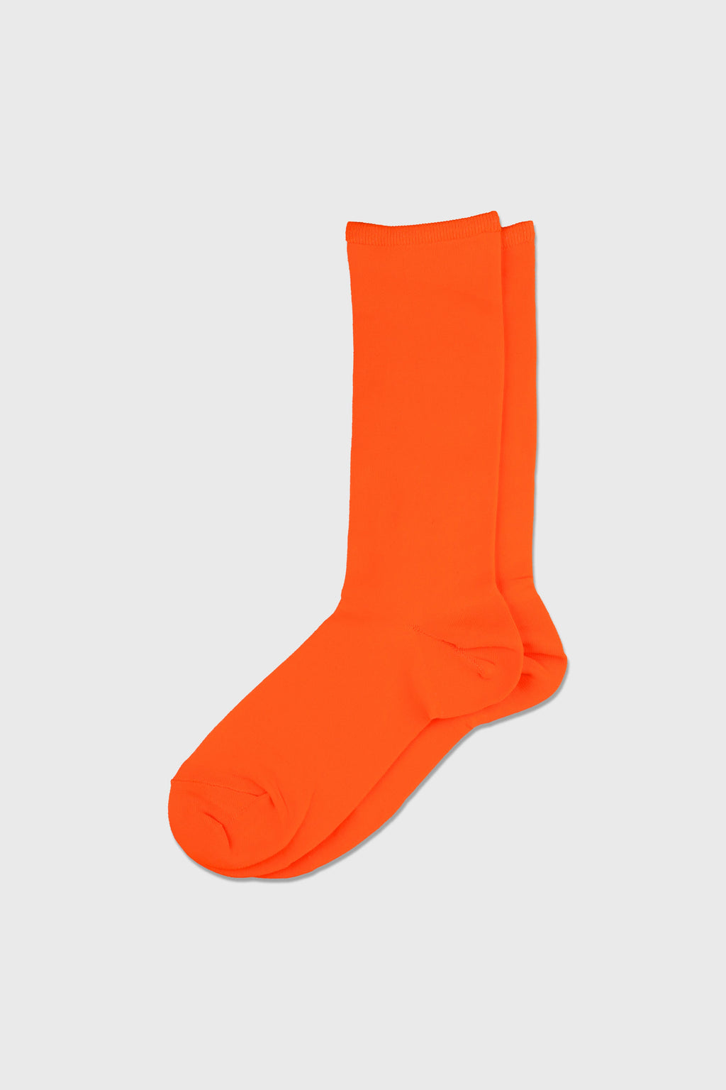A pair of bright neon orange crew socks displayed against a light gray background.