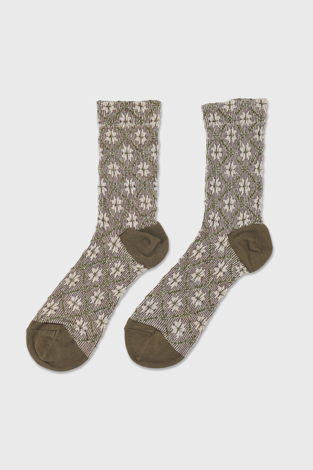Women's Premium Combed Cotton Metallic Sparkle Crew Socks-A pair of crew socks with a textured geometric pattern in olive green and beige, featuring solid olive green heels, toes, and cuffs, displayed against a light gray background.