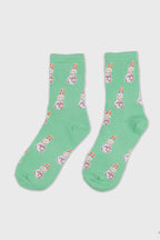 Women's Mint Sporty Combed Cotton Bunny Pattern Crew Socks