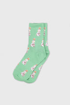 Women's Mint Sporty Combed Cotton Bunny Pattern Crew Socks