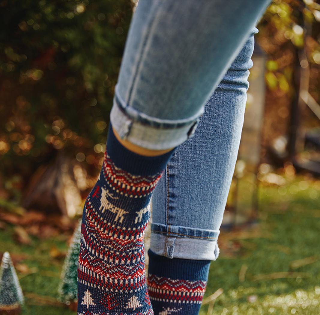 Women's Winter Holiday Fair Isle and Deer Knit Crew Socks Navy-Women's Winter Holiday Fair Isle and Deer Knit Crew Socks Navy