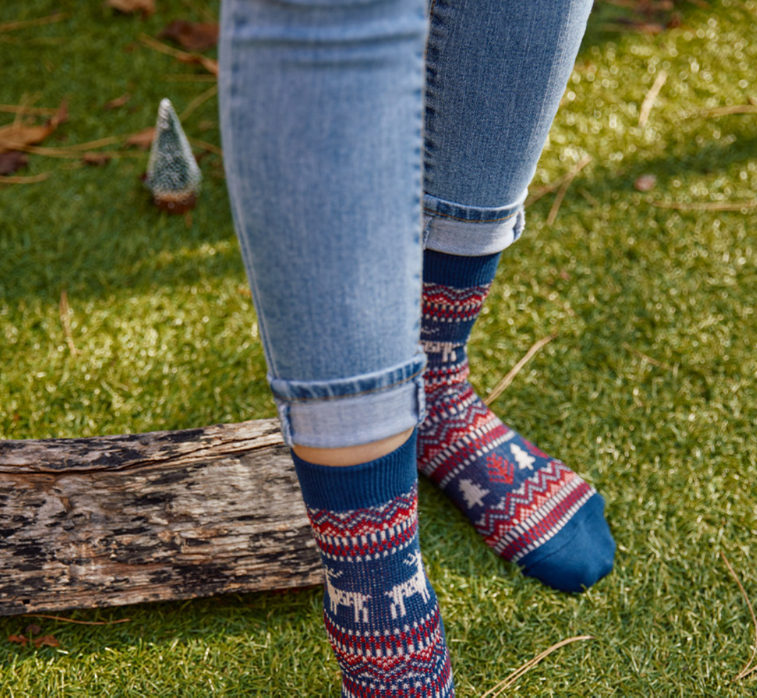 Women's Winter Holiday Fair Isle and Deer Knit Crew Socks Navy-Women's Winter Holiday Fair Isle and Deer Knit Crew Socks Navy