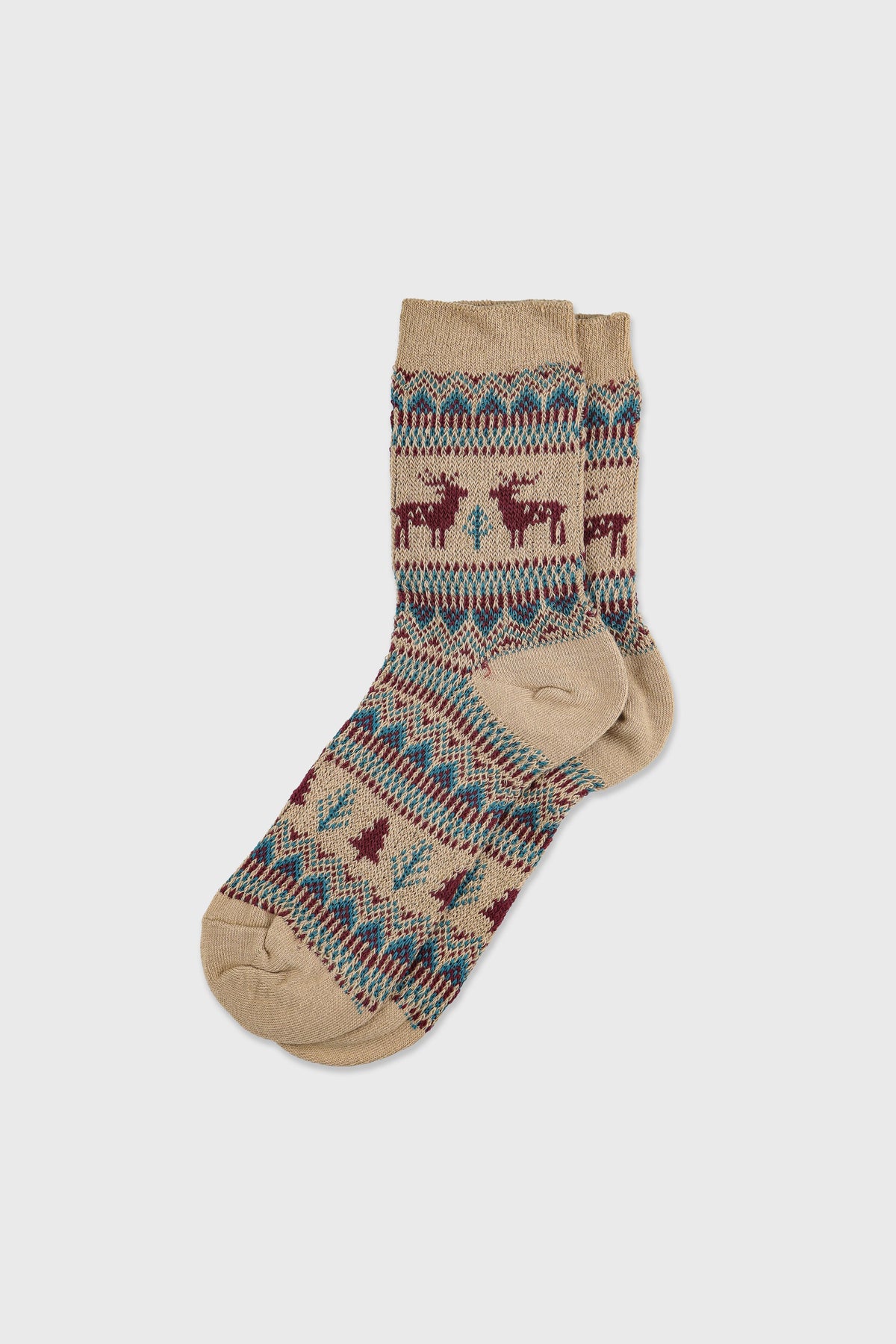 Women's Winter Holiday Fair Isle and Deer Knit Crew Socks Tan-Women's Winter Holiday Fair Isle and Deer Knit Crew Socks Tan