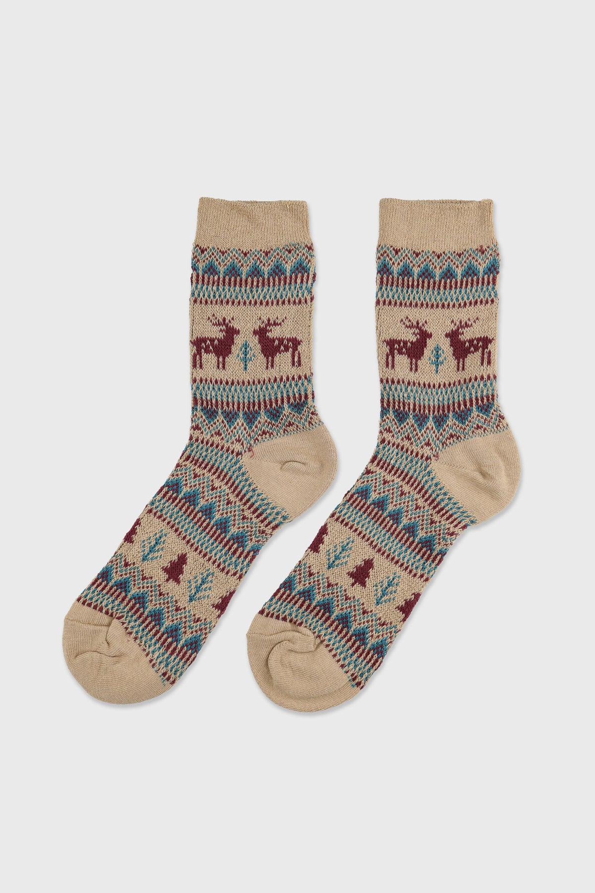 Women's Winter Holiday Fair Isle and Deer Knit Crew Socks Tan-Women's Winter Holiday Fair Isle and Deer Knit Crew Socks Tan