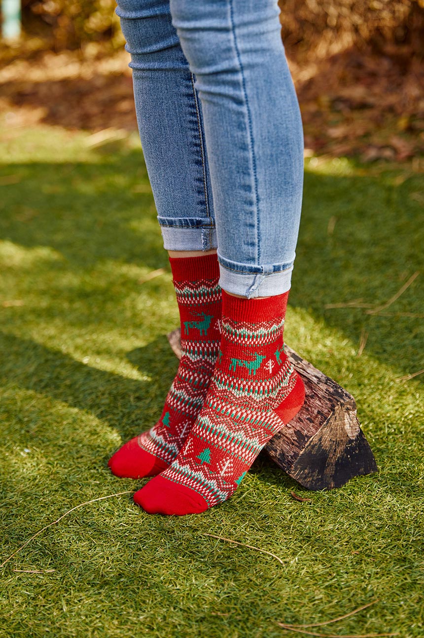 Women's Winter Holiday Fair Isle and Deer Knit Crew Socks Red-Women's Winter Holiday Fair Isle and Deer Knit Crew Socks Red