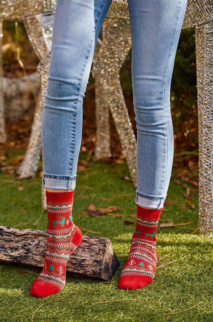 Women's Winter Holiday Fair Isle and Deer Knit Crew Socks Red-Women's Winter Holiday Fair Isle and Deer Knit Crew Socks Red