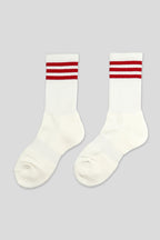 Women's Sporty Ribbed Crew Socks with Sole Cushioning White-Red
