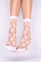 Women's Elegant Floral Sheer Crew Socks White
