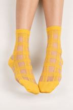 Women's Sheer Gingham Checkered Mesh Socks Yellow