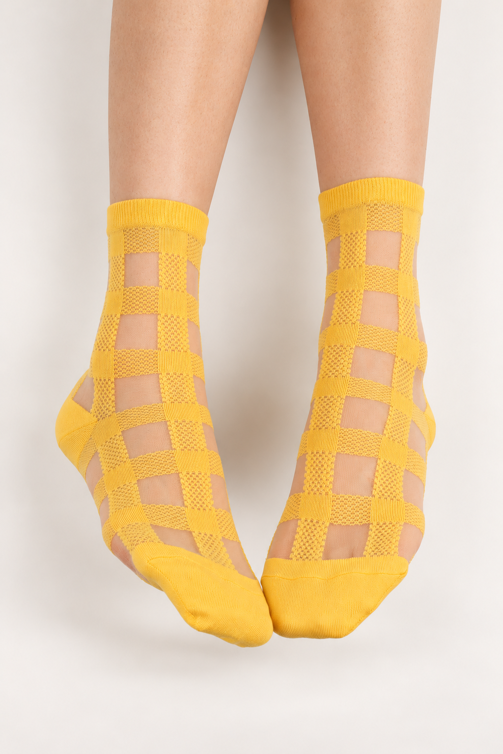 Women's Sheer Gingham Checkered Mesh Socks Yellow