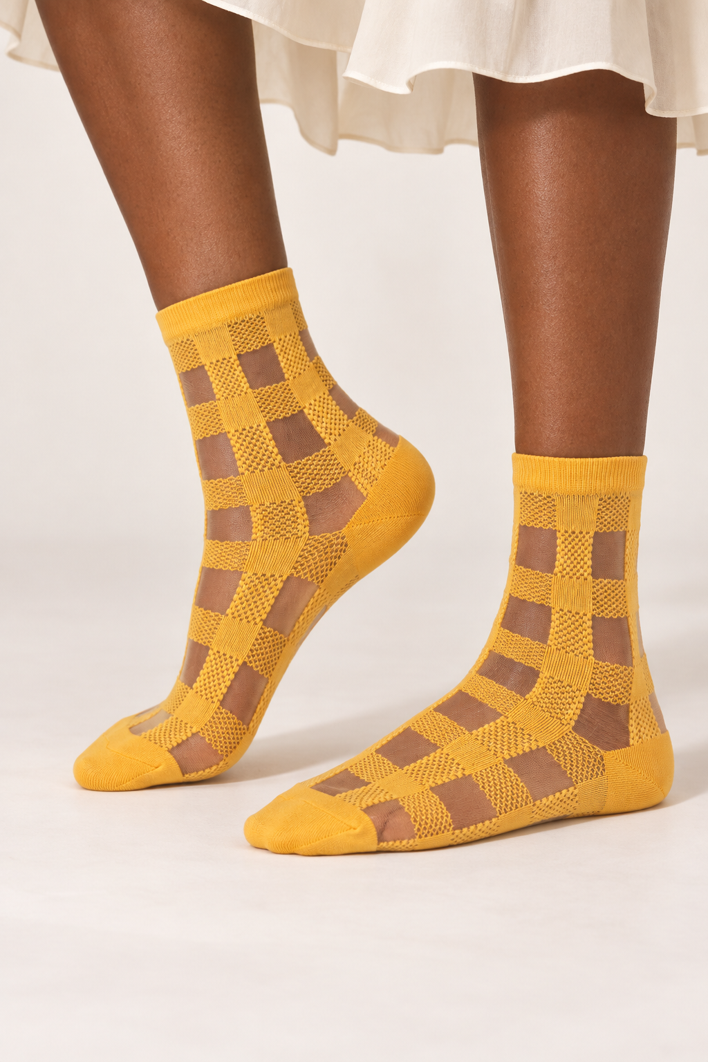 Women's Sheer Gingham Checkered Mesh Socks Yellow