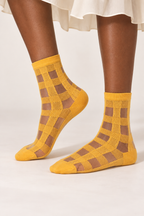Women's Sheer Gingham Checkered Mesh Socks Yellow