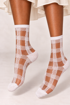 Women's Sheer Gingham Checkered Mesh Socks White